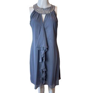 One By Eight Women Sheath Dress Chiffon Ruffle Beaded Halter Neck Keyhole Blue 4